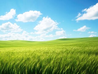 Obraz premium Vibrant green wheat field under a clear blue sky with fluffy clouds