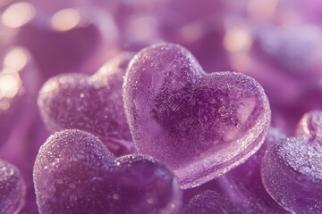 Obraz premium Purple translucent heart candies stacked together in a dreamy close-up.