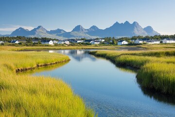 During the summer months, Crested Butte, Colorado, presents a stunning mountain view of the Rocky Mountains, including a small river creek that flows through a meadow field, with a farm and houses in