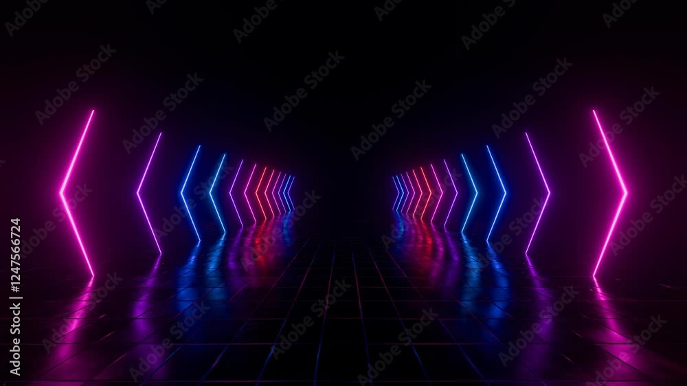 Poster 3d loop animation, abstract futuristic background with colorful glowing neon lights, 4k seamless
