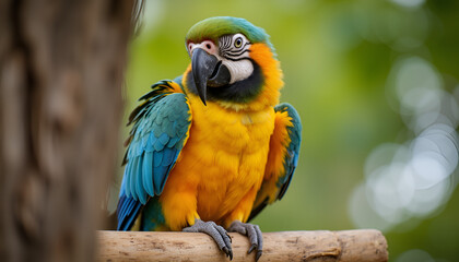 Obraz premium Colorful macaw parrot perched on branch in lush green background, Parrot on Perch, Pet Day