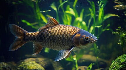 Fototapeta premium Stunning Aquatic Life: A Close-Up of a Golden Brown Fish in a Lush Green Underwater Environment