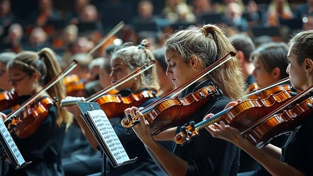Harmonious Strings: An orchestra of musicians engrossed in their performance, their bows dancing across the strings of violins in a symphony of sound.