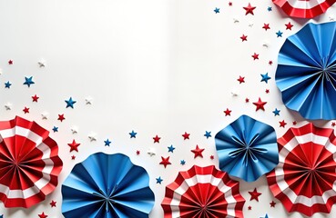 Obraz premium Patriotic paper fans, stars. Festive decoration. 4th of July theme. Red white, blue colors. Independence Day design. Creative craft project. Overhead view. Homemade decorations. Party supplies. Fun,