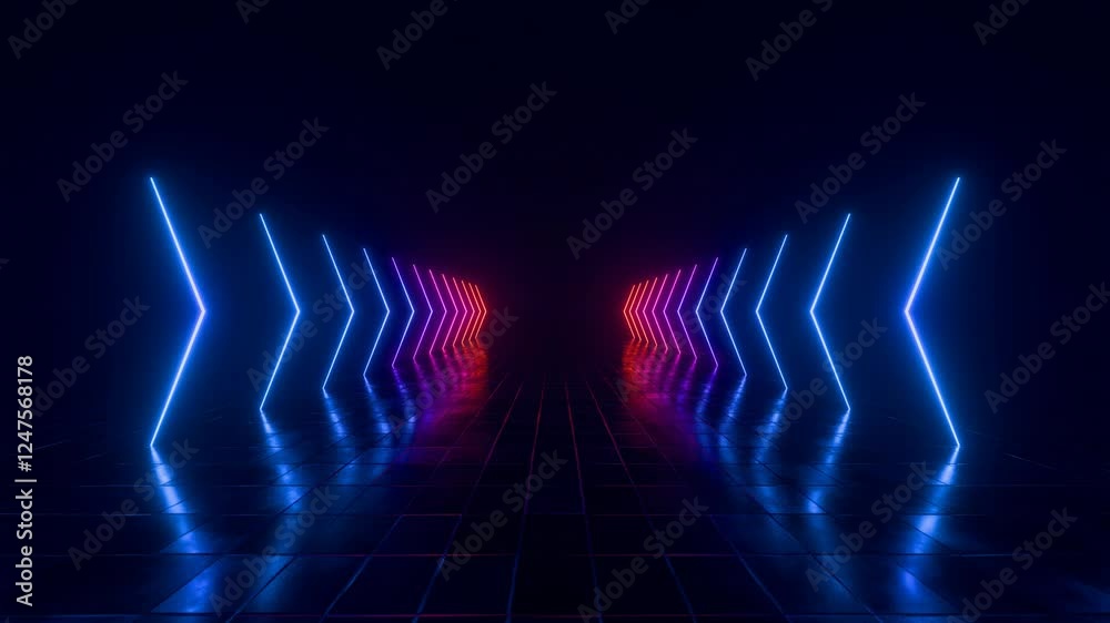 Sticker 3d loop animation, abstract futuristic background with colorful glowing neon lights forming arrows, 