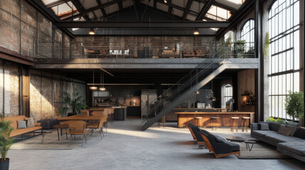 spacious industrial warehouse interior featuring exposed beams, large windows, and modern kitchen. design includes cozy seating areas, wooden furniture, and greenery, creating warm atmosphere
