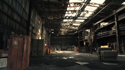 Abandoned industrial warehouse with exposed beams and scattered debris, showcasing spacious interior filled with natural light and remnants of past activity