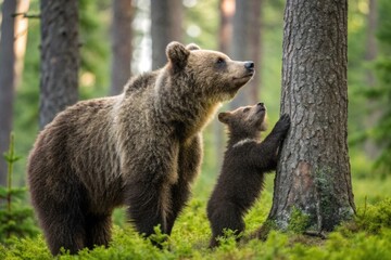 Fototapeta premium Wildlife extinction protection. National Wildlife Day. A brown bear cub hugs its mother’s leg, highlighting wildlife protection on National Wildlife Day.