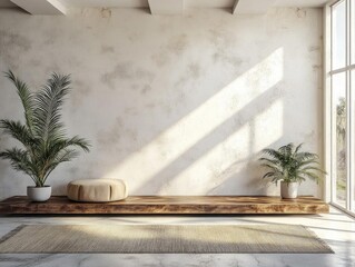 Sunlit Room Design:  Plants, Wooden Bench, and Textured Wall