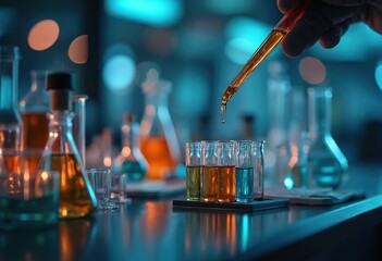 Lab tech drips liquid into test tubes. Analysis of liquids in lab. Equipment, glassware. Blurred background. Modern medical lab equipment. Experiment in progress. Scientific research. Innovation in