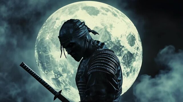 Mysterious ninja warrior standing in moonlit fog, holding a katana, cinematic night scene with blue mist.	

