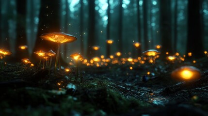 Naklejka premium An enchanting landscape filled with glowing mushrooms, nestled within a lush forest, evoking a magical, surreal atmosphere that inspires wonder and imagination.