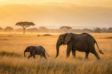 Obraz premium Wildlife extinction protection. National Wildlife Day. Wildlife image of an elephant mother and baby walking together, highlighting conservation themes for National Wildlife Day.