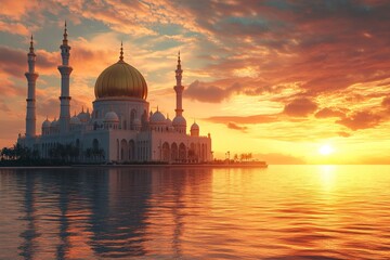 Sunset Mosque, Peaceful Waters, Golden Sky, Spiritual Serenity, Travel
