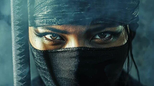Fierce female ninja with intense eyes holding katana sword in mysterious and dramatic atmosphere.