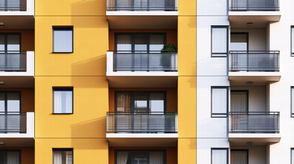 Modern residential building with yellow and white facade, featuring balconies and large windows. design emphasizes contemporary architecture and urban living