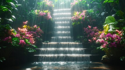 Tropical Waterfall Garden Sunlight Rays