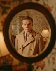 Young man in a stylish brown coat looking sternly into the mirror, with vintage floral wallpaper and warm lighting