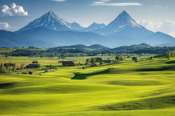 Set against a backdrop of blue clouds and a sky dotted with rain, the countryside of Crested Butte, Colorado, showcases lush green fields bordering houses, culminating in majestic mountain vistas.