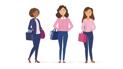 Obraz premium diverse women standing and smiling, each carrying their work bags while wearing blue jeans and pink sweaters. 