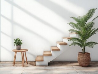 Wooden Stairs, Plants, Minimalist Home Decor, Interior Design, Sunlight, Potted Plants, Modern Home, Simple Living, Cozy Interior, Room Design, White Walls