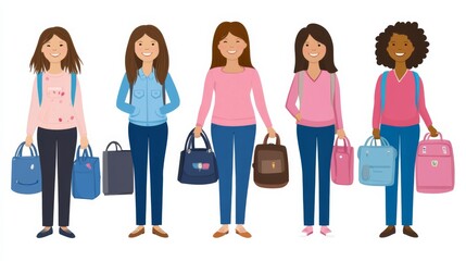 Fototapeta premium diverse women standing and smiling, each carrying their work bags while wearing blue jeans and pink sweaters. 