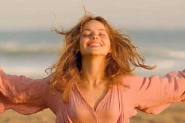 Young woman with flowing hair smiling joyfully with eyes closed on a sunny beach, embracing the feeling of freedom and happiness