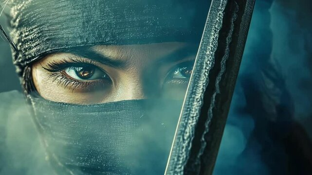 Fierce female ninja with intense eyes holding katana sword in mysterious and dramatic atmosphere.
