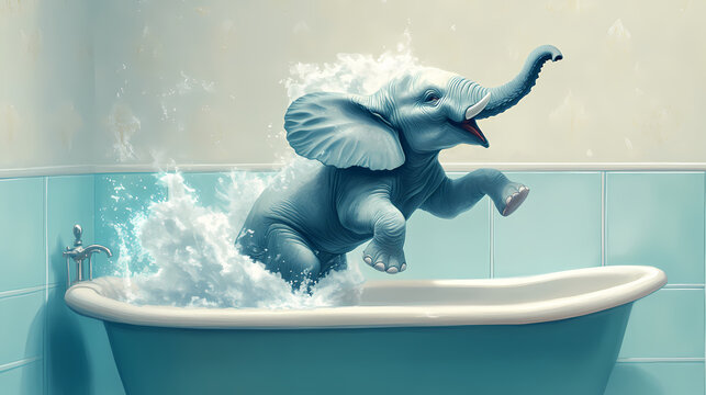 A humorous and surreal image of a playful elephant mid-jump into a bathtub. the scene is whimsical and imaginative, evoking feelings of fun and surprise. Gigantic Creatures. Illustration