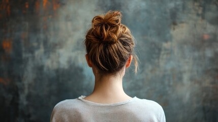 Woman with Messy Bun Hairstyle, Back View against Textured Wall
