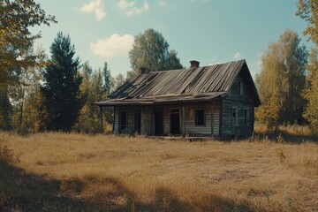 Fototapeta premium A desolate 19th-century house stands isolated in a rolling countryside during summer. Shadows grow as the evening deepens, creating an unsettling atmosphere. Scene rendered.