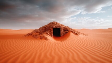 A solitary structure rises from the golden sands of the desert, surrounded by the vast dunes, under a dramatic sky filled with clouds, evoking a sense of mystery and timelessness.