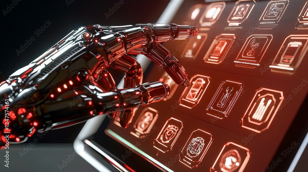 Wall mural digital assets concept. futuristic robotic hand interacting with a glowing touchscreen interface.