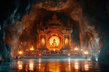 Golden Buddha cave temple, serene reflections, spiritual sanctuary, Asia