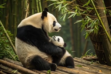 Obraz premium Wildlife extinction protection. National Wildlife Day. Panda mother cradling her cub, symbolizing wildlife protection on National Wildlife Day, high fidelity image.