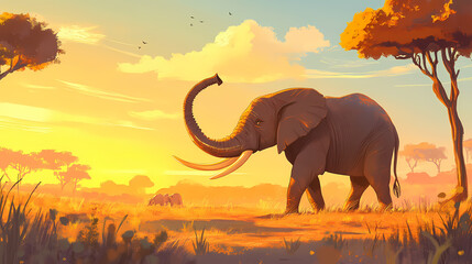 Fototapeta premium An gigantic tusk is displayed by a gorgeous african elephant standing in a sunlit savannah. Gigantic Creatures. Illustration