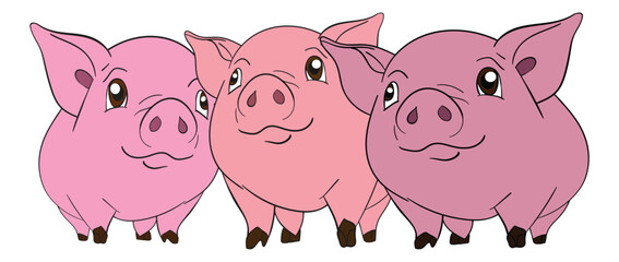 Three cheerful cartoon pigs standing together