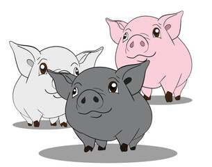 Three cheerful cartoon pigs standing together