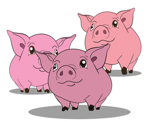 Three cheerful cartoon pigs standing together