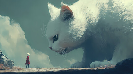 Colossal cat and tiny human: a whimsical juxtaposition of a gigantic white cat and a miniature human, creating a surreal and captivating image. Gigantic Creatures. Illustration