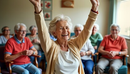 Elderly people joyfully dance. Seniors enjoy activity in community center. Warmhearted senior citizens sing, play. Engaging entertainment in retirement home. Authentic social interaction.