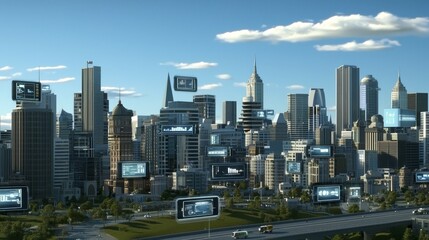 Digital Assets concept. Urban skyline with digital billboards and modern architecture under a clear blue sky.
