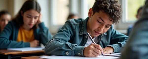 Students take educational admission test in classroom. Focused on exams. Concentrated students in university classroom. Students writing answers in school. Education, world literacy day theme.