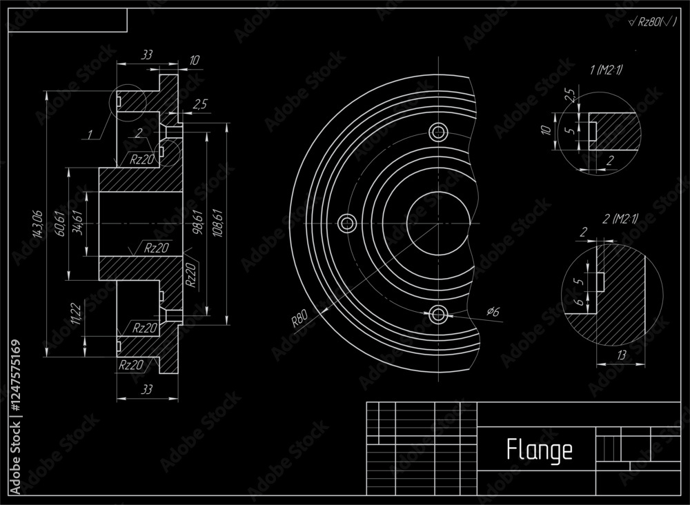 Wall mural vector mechanical part of machine - flange. engineering assembly drawing of steel device with dimens