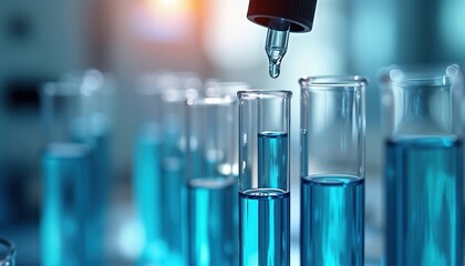 Lab tech performs liquid dispensing process using dropper. Test tubes filled with blue liquid. Biotech research, eco-friendly chem sector solutions. Advanced scientific methods for industrial process
