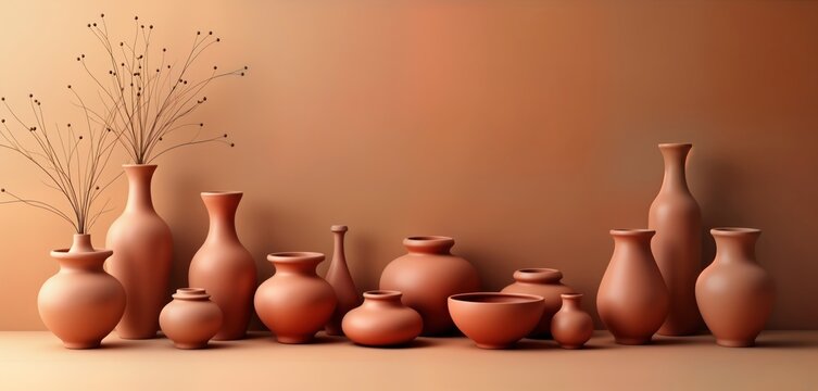 Stylish collection of handcrafted terracotta pottery pieces displayed on beige backdrop. Various shapes, sizes of ceramic vessels create attractive arrangement for home decor. Earthy tones, textures