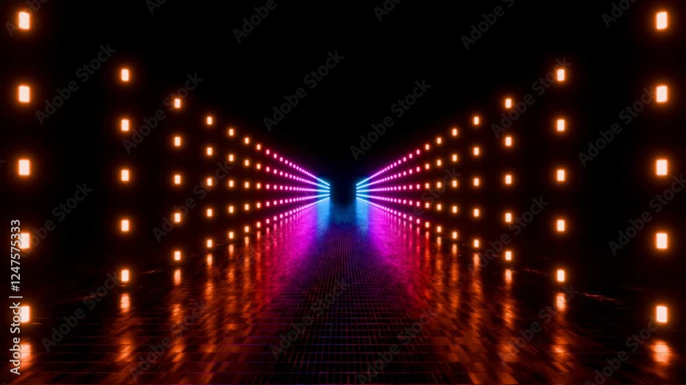Poster 3d loop animation, abstract futuristic background with colorful glowing neon lights, 4k seamless