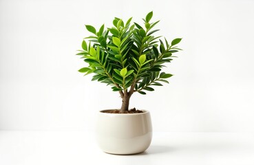 Obraz premium Small decorative tree in white pot. Fresh green leaves and simple design. Perfect for home decorations. Suitable for many interior designs. Simple and classic photo showcasing potted houseplant.