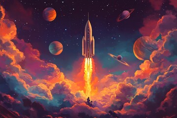 Rocket launching through clouds, planets backdrop, space exploration, artwork