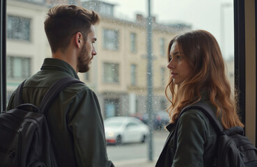 Obraz premium Two young students stand at bus stop waiting for transport to university. Look thoughtfully outside. Sustainable urban lifestyle concept. Waiting for public transit vehicle. Appear to in urban